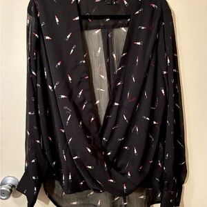 DKNY Lipstick Sheer Wrap Blouse Chiffon Black Print Makeup Fun Draped L EUC